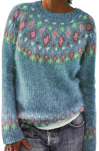 Icelandic Fair Isle Jumpers for Women Uk Vintage Fairisle Nordic Ladies Jumper Casual Loose Long Sleeve Crew Neck Knit Jacquard Pullover Sweater Stylish Retro Pattern Wool Knitwear Blue
