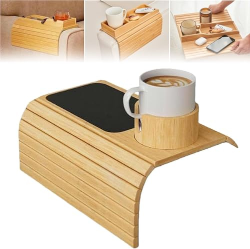 Foldable Bamboo Tray,Bamboo Couch Cup Holder Tray,Foldable Bamboo Couch Arm Table Tray, 2 in 1 Sofa Arm Tray,Bamboo Sofa Arm Tray Table,Detachable Anti-Slip Couch Arm Cup Holder (C)