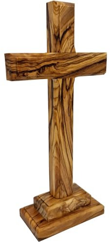 Lunexus Croce in legno d'ulivo, 18,5 cm, realizzata a mano in Betlemme, benedetta con certificato di consacrazione, croce da tavolo con supporto, regalo per battesimo, comunione, cresima, decorazione