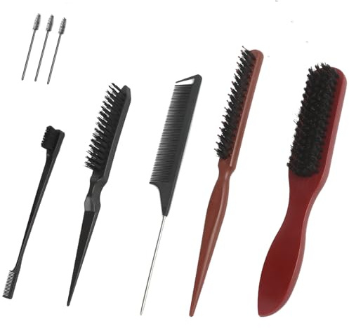 Lote de 8 Cepillos para el Pelo con Cerdas de Jabalí - Para Recogidos Lisos, Trenzas y Barba - Incluye 3 Cepillos de Pestañas y Cepillo para Postizos