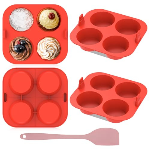 BAODBF 4 stycken muffinsformar för varmluftsfritös, stor muffinsform, 7 cm muffinsplåt, airfryer kakform med sked, muffinsform av silikon för cupcakes, kakor, pudding