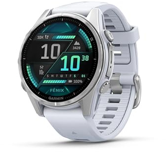 Garmin fēnix® 8 – 43mm, AMOLED, Premium Multisport GPS Smartwatch, Long-Lasting Battery Life, Dive-Rated, Built-in LED Flashlight, Silver with Whitestone Band (Renewed)