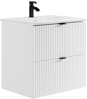 Vente-unique - Meuble de Salle de Bain Suspendu strié avec Vasque à encastrer - Blanc Mat - 60 cm - ZEVINI