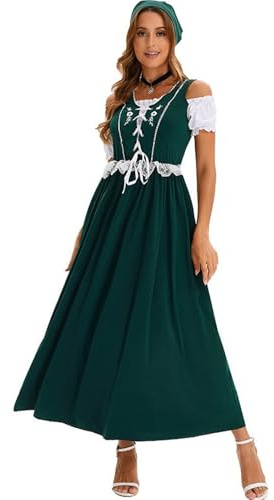 FUPODD Dirndl Rot Damen Lang Oktoberfest Damen Outfit Dirndl-Komplettsets Mit Bluse Trachtenkleid Elegant Ohne Schürze Dirndlkleid Mit Spitze Oktoberfest-Kleidung Inkl. Kopftuch Dirndlkleider Maxi