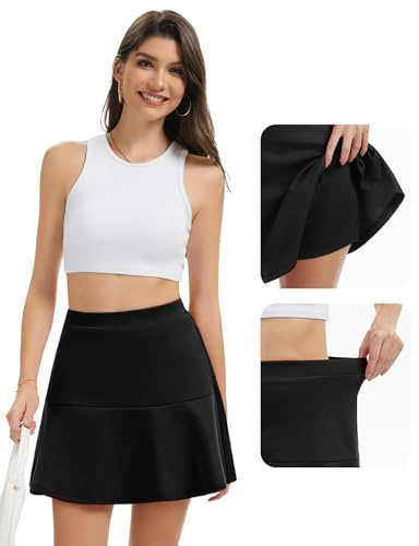 Bridesmay Jupe Courte Plissée à Volants - Haute Taille avec Ceinture - Style Skater Y2K - avec Short Intégré Black M