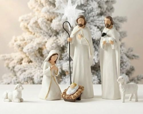 VioraWhite 6 Pack Nativity Set with Stable Sculpted Hand-Painted Figures 6'' Scene Nativity Sets & Figures with Accessories for Indoor Holiday Decor Xmas Home Fireplace Centerpieces