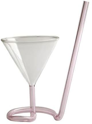 WKHPHMBEQ Cocktail Glasses Set of 2 – 110ML Margarita Glasses with Built-in Straw, Crystal Clear Tiki Glasses, Round Modern Coctail Glasses for Home Bar & Parties, 9x17.3cm(Pink)