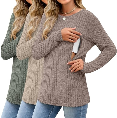 Sweetyweee 3 Pack Women's Nursing Tops Breastfeeding Shirts Long Sleeve Maternity Ribbed Sweaters with Hidden Zipper(Army Green, Apricot, Coffee,Large)