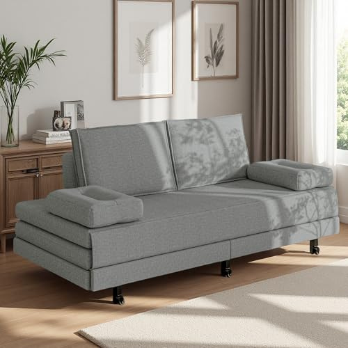 Sofabett 2-Sitzer Schlafsofa Ausziehbares 90/180x200cm, Stoff-Couch mit Schlaffunktion, Doppelschlafstuhl Doppelbett Einzelbett mit Rückenlehne in EIN Sofa, Jugendbett, Gästebett, Leinenstoff, Grau