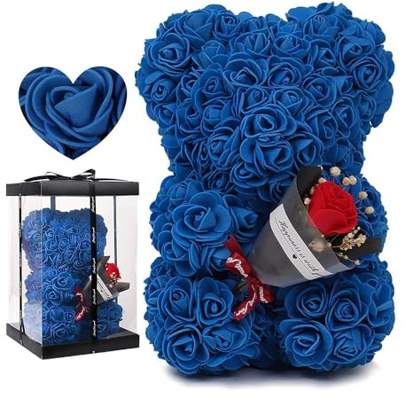 Uteruik Orsacchiotto di rose artificiali con bouquet di rose per donne, fidanzate, ragazze, mamme, nonne, padri (blu reale)