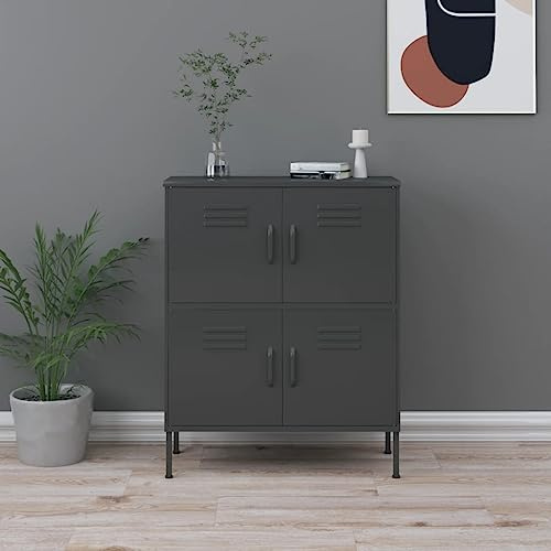 XHNIFBN Anthrazit Lagerschrank 80x35x101,5 cm Stahl 2 höhenverstellbare Regalfächer, 4 Türen, stabil & platzsparend, Wandbefestigung inklusive, ideal für Keller Büro Flur und Wohnzimmer