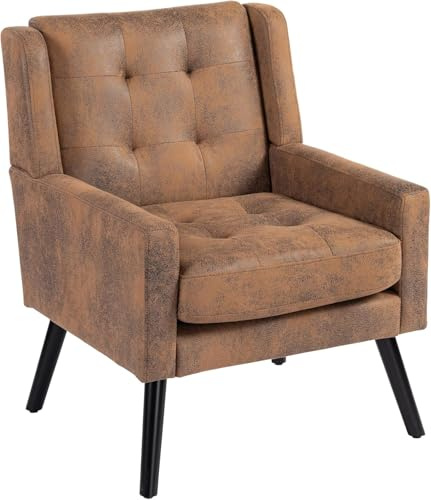 Koaris Chesterfield Sessel Midcentury – Hohe Knopfgepolsterte Rückenlehne aus Beige Leinen, Gemütlicher Lounge- und Lesesessel mit Massivholzbeinen für Wohnzimmer & kleine Räume (1, Braun)