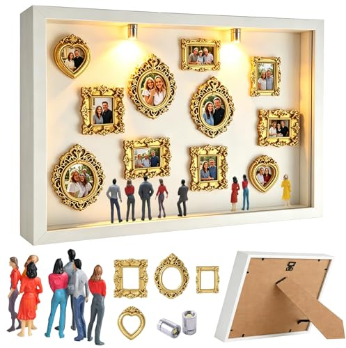 Mini Museum Bilderrahmen, DIY Mini Museum Silhouette Box, Mini Figuren Menschen Museum Bilderrahmen mit 11 Goldene Rahmen Vintage, 8 Zufällig Figuren & LED Licht für Jahrestag Home Decoration
