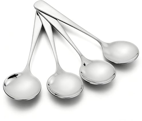 4 Pcs Stainless Steel Soup Spoon Set, Silver Dining Tablespoons | Heavy-Duty Round Soup Spoons, Dishwasher-Safe Cutlery for Home, Restaurants, Catering, Travel and Everyday Meals