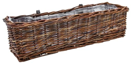 Spetebo Rattan Balkonglåda rektangulär med folie Natur mörk - 60 x 19 cm - Rattan blomkruka med upphängning för balkongräcke upp till 3,5 cm - planteringslåda blomkorg blomkruka växtkorg flätad