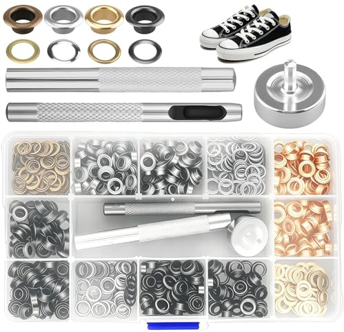 Eyelet Punch Kit, 400 Sets 5mm Brass Grommets Eyelets with Hole Punch Tool Set, Metal Grommet Installation Kit for Fabric Leather Canvas Tarpaulin Shoes Bags DIY Crafts (5mm / 1/5 Inch Inner Diameter)