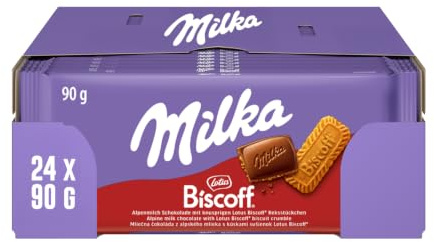 Milka Biscoff Tafelschokolade, 90 g (24er-Pack) | Milka Alpenmilchschokolade mit knusprigen Lotus Biscoff-Keksstückchen für einzigartigen Genuss
