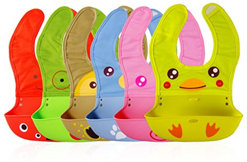 Chilsuessy 6er Packung Aufrollbares Baby Lätzchen für Mahlzeiten mit Tasche – Weiches Silikon, einfach zu reinigen – für Babies und Kleinkinder, Modell-A
