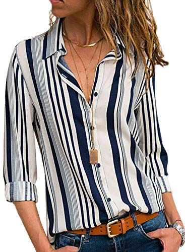 Chemisier Femme Blouse Rayures Col V Manches Longues Tunique Button Up Shirt Rayé Chemise Mode Top Shirt Multicolore C Blanc FR 38