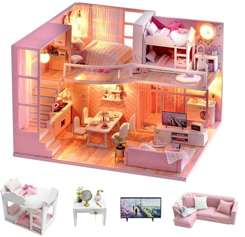 CUTEROOM Miniatur Puppenhaus aus Holz mit Möbeln & Musik – Kreatives Spielhaus für Erwachsener (L026)