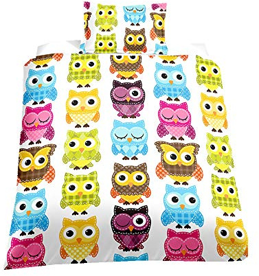 Kinder Kind Baby Karikatur Bettbezug Set mit Reißverschluss, Grüner Fußball Sport Bettwäsche Set, Blaue Eule Tier Mädchen Junge Bettbezug (Eule 2, 135_x_200_cm)