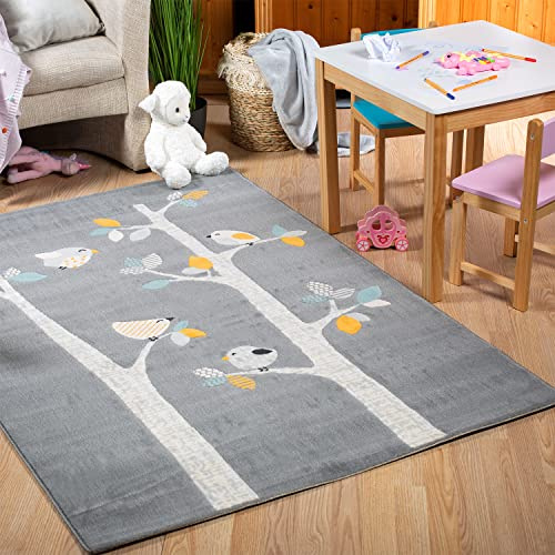 DomDeco Baby- & Kinderteppich YLVIE, 7,5mm hoher Kurzflor, mit Vogel Motiv, für Baby-/Kinder-/Spielzimmer, aus Kunstfasern, Dunkelgrau in 120x170cm