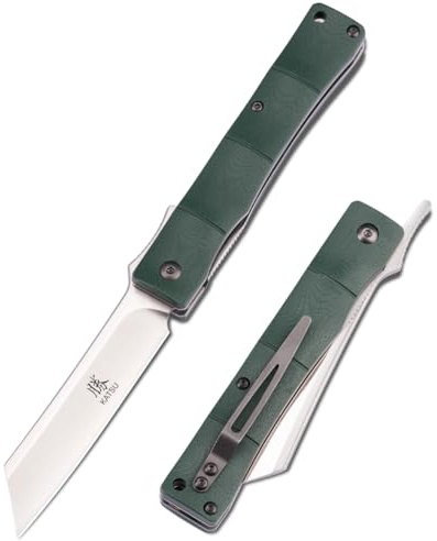 KATSU Japansk fällkniv handgjord av finaste D2 stålblad, G10 handtag bambu stil fickkniv med fickklämma