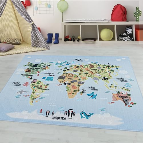 Kinderteppiche für Kinder Weltkarte Tiere Spielteppich Waschbar Jungen & Mädchen Teppich für Kinderzimmer Babyzimmer Spielzimmer Rechteckig Teppich in Farbe: Blau, Grösse: 120 x 170 cm