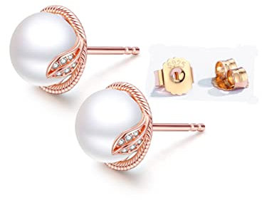 Pendientes de Mujer Plata de Ley S925 baño de oro rosa Perlas cultivadas de agua dulce AAAA+Blancas 8-9mm H'Helen