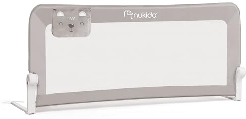 NUKIDO Sicherheitsbarriere Sicherheitsgitter für Bett Kinderbett Sicherheitsgeländer Schutzgeländer Süßes Design Muster Rahmen Metall Kunststoff 150 cm x 35 cm x 66 cm Farbe Grau