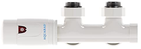 Aquabad® Kit de válvula acodada con Termostato para radiadores con conexión central de 50mm, Blanco, incluye adaptadores para tubo multicapa de 16mm PEX