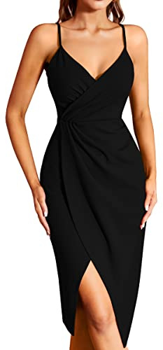 Missufe Robe de cocktail pour femme - Robe d'été - Robe midi festive élégante - Moulante - Sans manches - Bretelles spaghetti - Robe de soirée