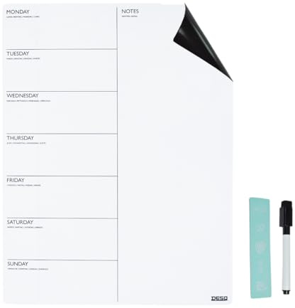 DESQ Magnetisk whiteboard och veckoplanerare – 40 x 30 cm magnetisk baksida – ny generation design – minimalistiskt tryck, 5 magnetiska ikoner + whiteboardmarkering