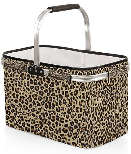 Faltbarer Marktkorb mit Leopardenmuster, tragbarer Einkaufskorb, großer Wäschekorb, strapazierfähig, Camping, Lebensmitteltaschen mit Griffen, faltbarer Picknickkorb für Reisen, Einkaufen, Strand