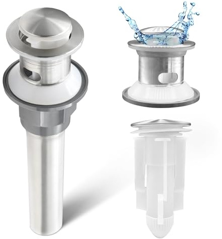 Pop Up Drain Stopper with Overflow, Stainless Steel - Rust Proof, Detachable Cap, Durable, Anti-Clogging Drain, Easy to Install, Pop-Up Drain Stopper for Bathroom and Kitchen Sink, Made in Korea