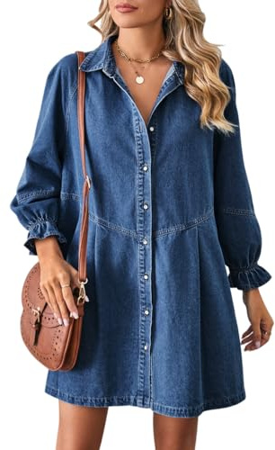 Tomwell Robe Jean Été Femme Manches Longues Robe De Plage Rétro Denim Robes Tourner Le Col Décontractée Couleur Unie Tuniques Ample Chemisier en Jean Mini Robe C Bleu Foncé L
