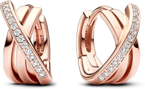 PANDORA Signature Orecchini a cerchio con incrocio con pavé placcati in oro rosa 14 carati con zirconi cubici trasparenti
