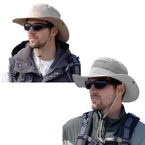 ZOORON Sonnenhüte für Herren und Damen, breite Krempe, Fischerhut, UV-Schutz, faltbar, Boonie-Hut für Angeln, Wandern, Garten, Safari, Strand, 2 - Hellgrau + Beige, 6 3/4-6 7/8