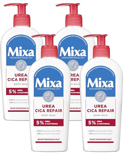 Mixa Body Milk für sehr trockene und rissige Haut, Regenerierende Bodylotion gegen Juckreiz, Mit Urea und Panthenol, Urea Cica Repair +, 250 ml (Packung mit 4)