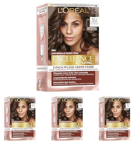 L'Oréal Paris Permanente Haarfarbe für jeden Hautton, Coloration ohne Ammoniak, Universale Nude-Töne mit vollständiger Grauhaarabdeckung, Excellence Creme, Nr. 5U Hellbraun (Braun), 1 Stück