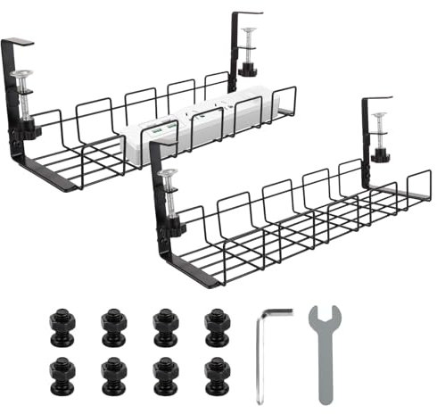 CYEER 2 Pack Cable Management Under Desk, No Drill Under Desk Cable Management, Black Wire Organiser Metal Cable Tidy Cable Tray Basket Cable Management Tray for Desks Home Office Kitchen