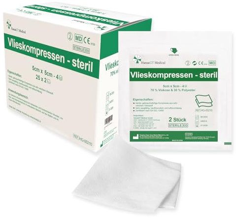HansaGT Medical Impacchi in tessuto non tessuto, 5 cm x 5 cm, 50 compresse per ferite STERIL a 4 strati, non adesive, compresse sterili, compresse di assorbimento, materiale di medicazione (STERIL 5