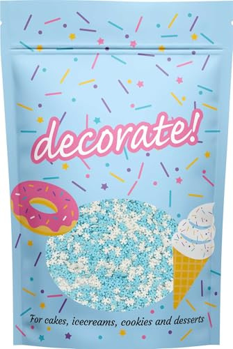 decorate! - Christmas Ice Blue and White Mini Snowflake Sugar Shapes Cake Topper Sprinkles - 400g Edible Matt Vegan Cupcake Decorations - For Xmas Themed Party Cakes And Bakes
