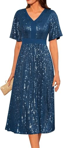 GRACE KARIN Kurzarm Abendkleid V-Ausschnitt Swing Cocktailkleid Elegant Paillettenkleid A-Linie Faltenrock Casual Freizeitkleid M Pfauenblau