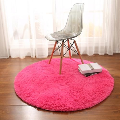 Lifup Teppich Rund Wohnzimmer, Schlafzimmer rutschfest Shaggy Modern Flauschig Einfarbig Langflor Kunstfell fürs Esszimmer oder Kinderzimmer Heißes Rosa 100 x 100 cm