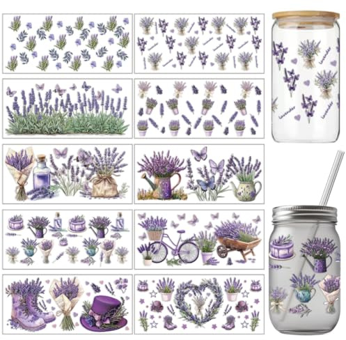 arricraft 10 pz. Adesivo per Trasferimento UV DTF con Farfalle di Lavanda, 10 Stili Profumo Bouquet di Lavanda Carta Da Trasferimento Adesivi Da Strofinare In PVC Adesivi Da Strofinare Impermeabili