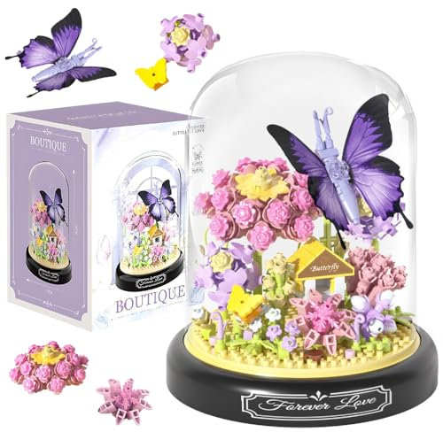 KQWVZ Blumen Bausteine Set, Rosa Nelken Bausteine Blumenstrauß, Klemmbausteine Blumen mit Staubdichter Kuppel und Sockel, Mikro Blumen Bausteine, Geschenk für Kinder Erwachsene(582 PCS)