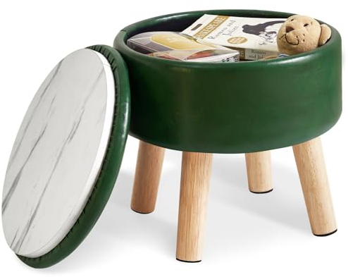 IBUYKE 13” Kleiner Fußhocker Ottomane mit Stauraum, Runde Pouffe Fußablage Hocker mit Gepolstertem Sitz und Deckel, PU Leder Mini Ottomane Fußstütze für Wohnzimmer Couch Eingang, Dunkelgrün WBD023GR