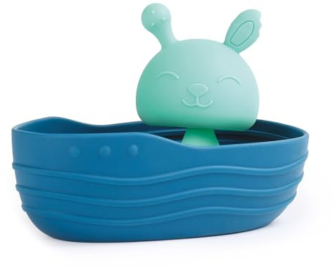 LUDI - Lapin Marin - Bateau de Bain - Figurine Lapin à Ventouse - Jouet de Bain Silicone - Oreilles Texturées à Machouiller - Dès 10 Mois