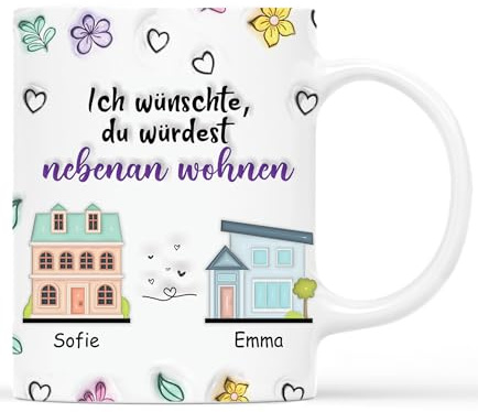 Geschenke Mall Tasse Personalisiert - Ich wünschte, du wärst näher am Haus mit Farbe - Freundin Tasse, Persönliches Geschenk für Freund, Tasse Beste Freundin Personalisiert (2 Häuser)